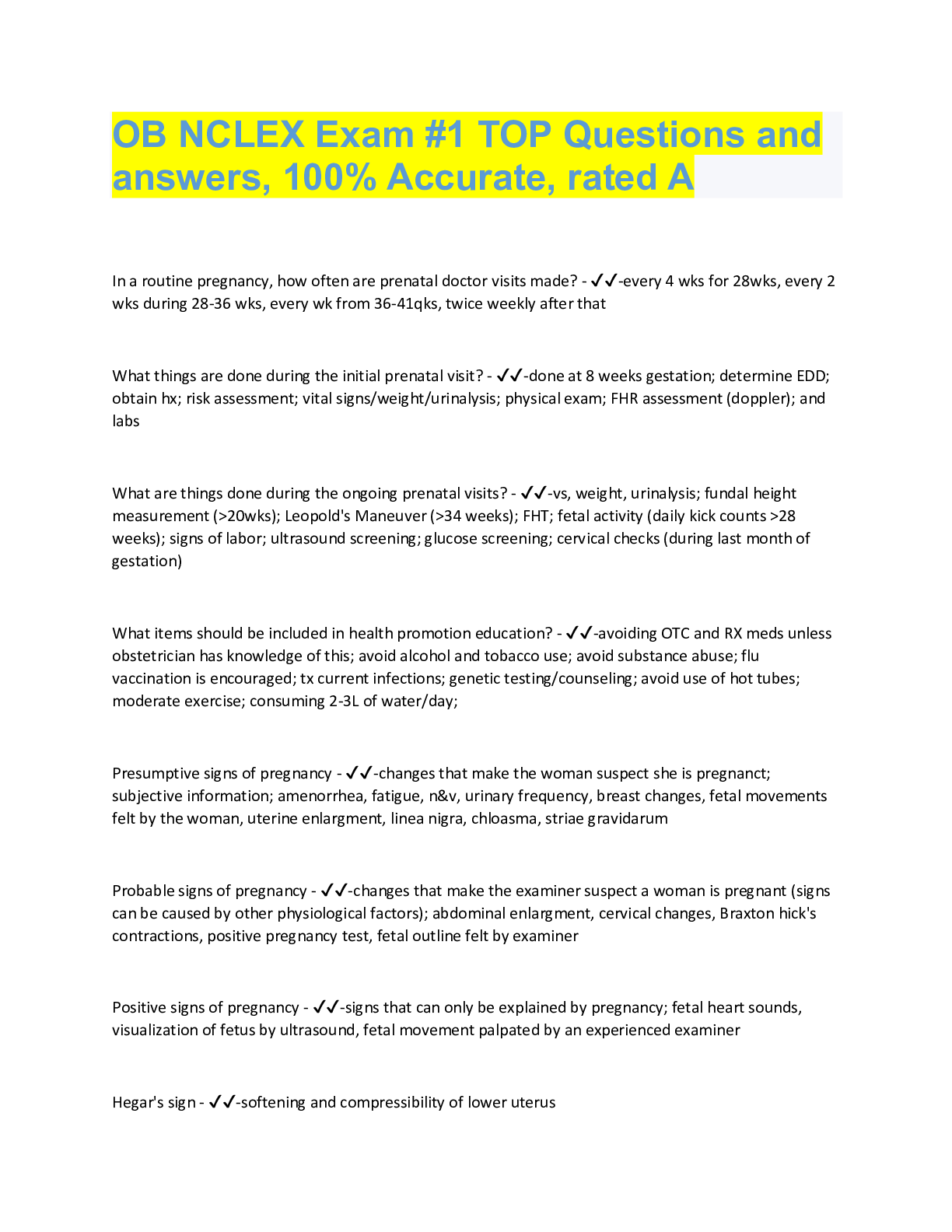 Preview image for OB NCLEX Exam #1 TOP Questions and  answers, 100% Accurate, rated A